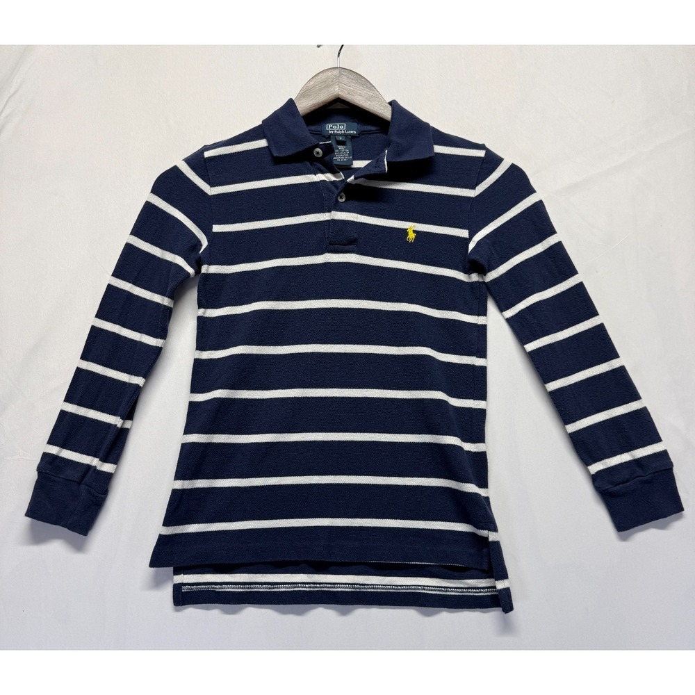 Polo Ralph Lauren Rugby Shirt Boys 7 Navy Blue White Striped Cotton Golf Tennis